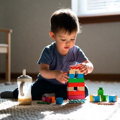 Child building with colorful blocks indoors