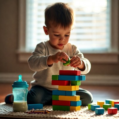 Child stacking colorful blocks indoors