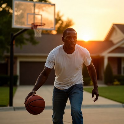 Man dribbles basketball at sunset