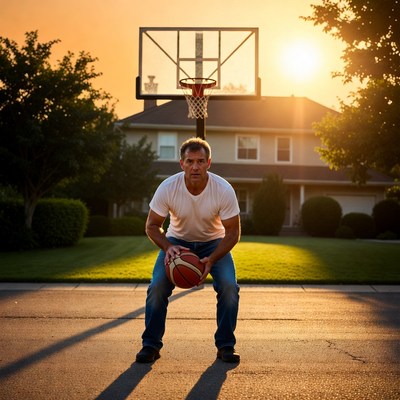 Man prepares to shoot basketball at sunset