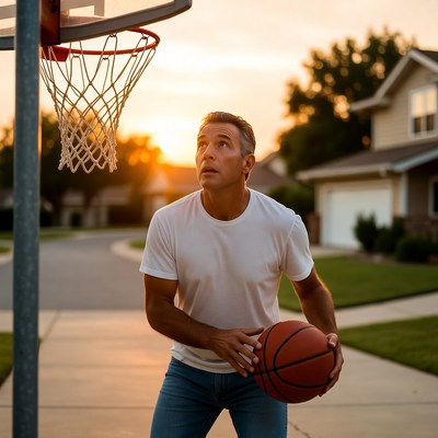 Man shooting basketball during sunset