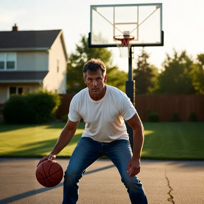Man playing basketball in backyard at sunset