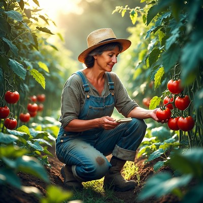 Woman harvesting tomatoes in garden