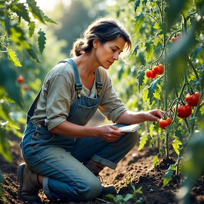 Woman harvesting tomatoes in garden