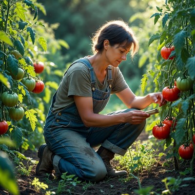 Woman harvests tomatoes in garden