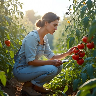 Woman harvesting tomatoes in garden