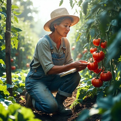 Woman harvesting tomatoes in garden
