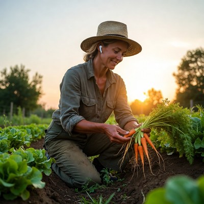 Woman harvesting vegetables at sunset