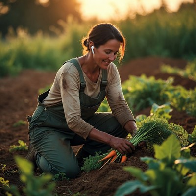 Woman harvesting carrots in garden at sunset