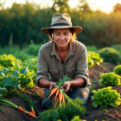 Woman harvesting carrots at sunset
