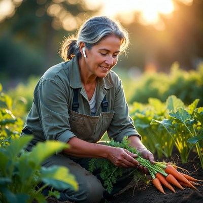 Woman harvesting carrots in garden