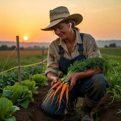 Woman harvesting carrots at sunset