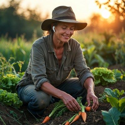 Woman harvesting carrots in garden