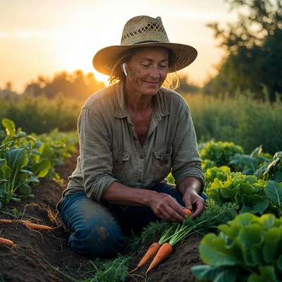 Woman harvesting carrots at sunset