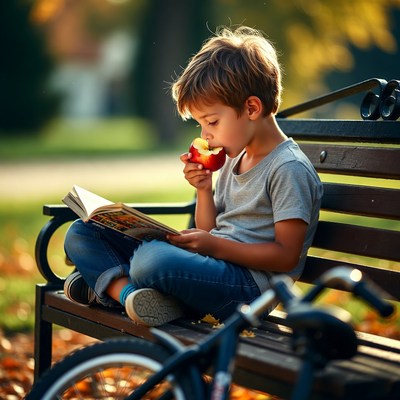 Boy reading while eating apple