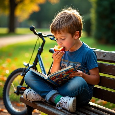 Child reading on a bench in autumn