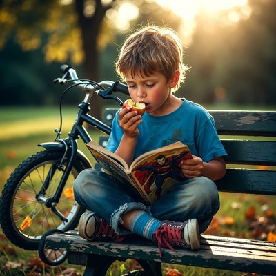 Boy reading with bike in park
