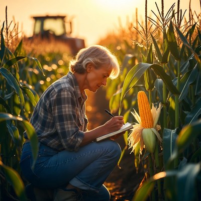 Woman observing corn in field