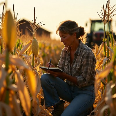 Woman writing in cornfield at sunset