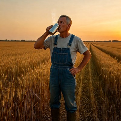 Farmer enjoying drink at sunset