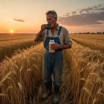 Farmer enjoying a drink at sunset