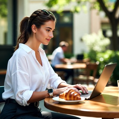 Woman working at outdoor cafe