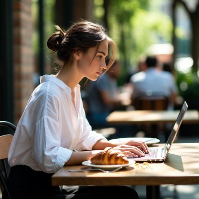 Woman working on laptop at cafe