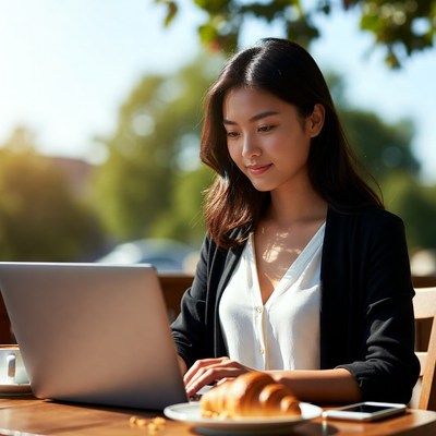 Woman working on laptop outside
