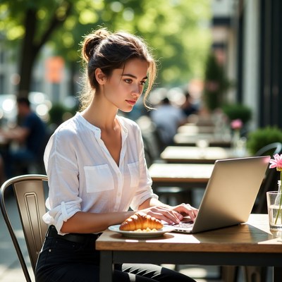 Woman working outside at cafe
