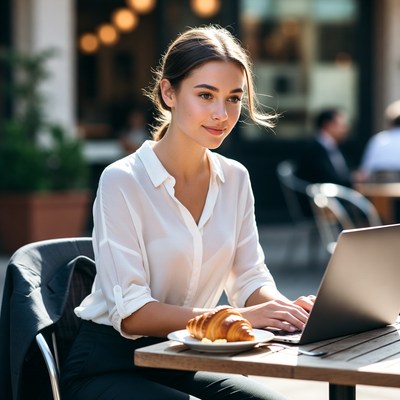 Working at a cafe with a croissant
