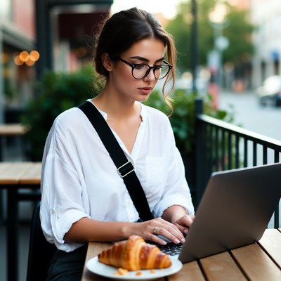 Working outside at a cafe table
