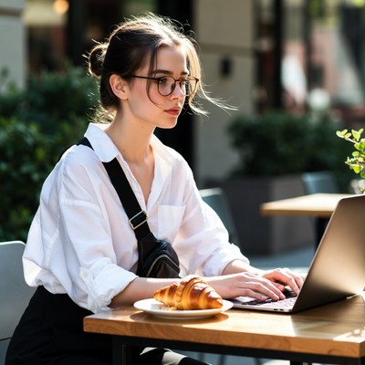 Young woman works outside on laptop