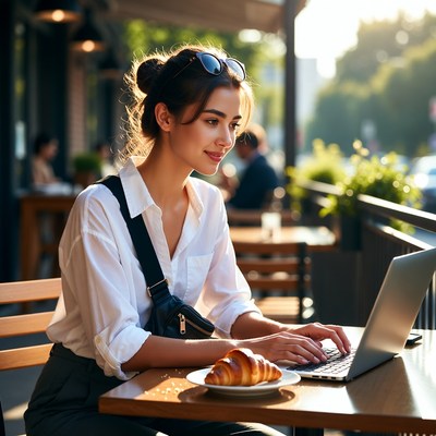 Woman working at cafe during daylight hours