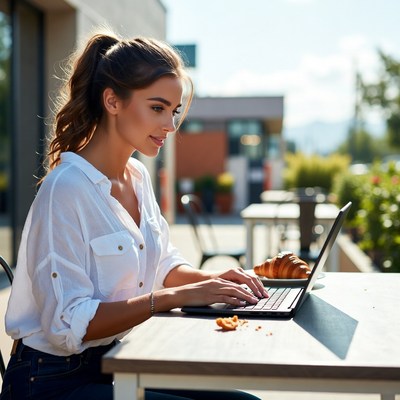Woman working on laptop outside