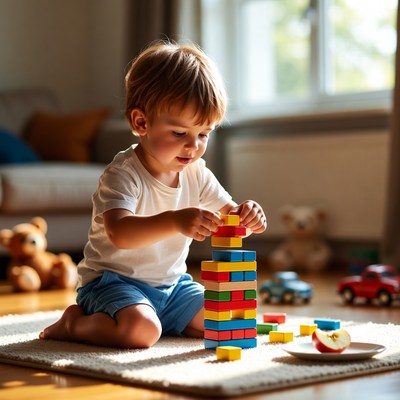 Child builds tower with blocks indoors