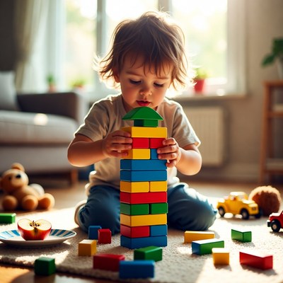 Child builds tower with blocks