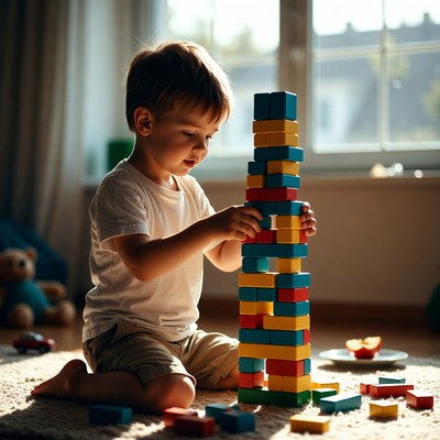Boy builds tower with blocks