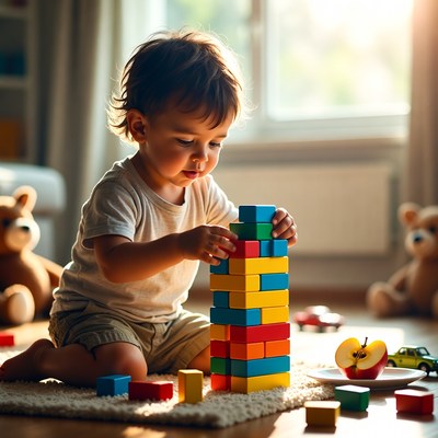 Child builds tower with blocks