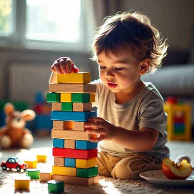 Child playing with colorful building blocks