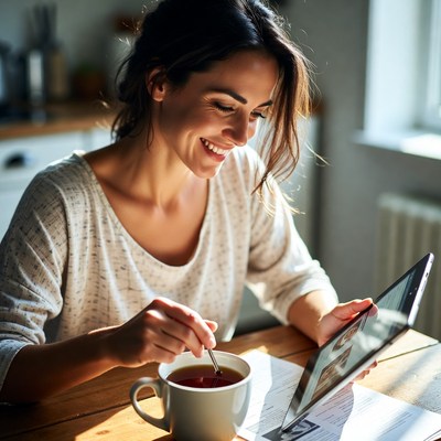 Woman enjoys tea and tablet in kitchen