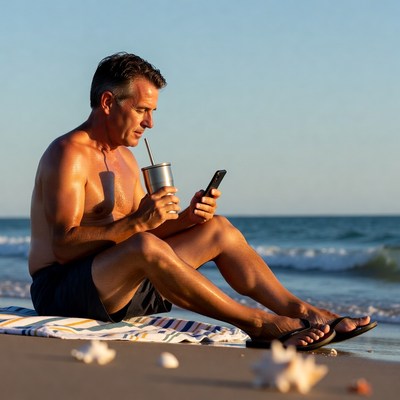 Man enjoys drink on beach