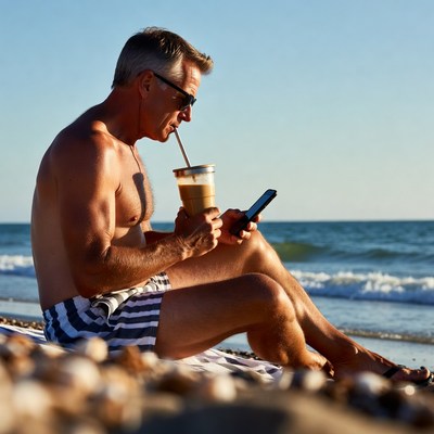 Man enjoying drink on beach
