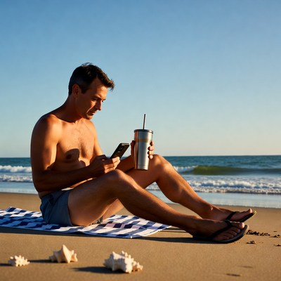 Man enjoys beach time with phone and drink