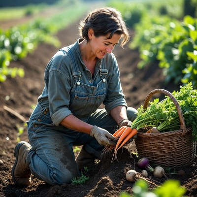 Woman harvesting carrots in field