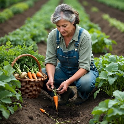 Woman harvesting carrots in garden
