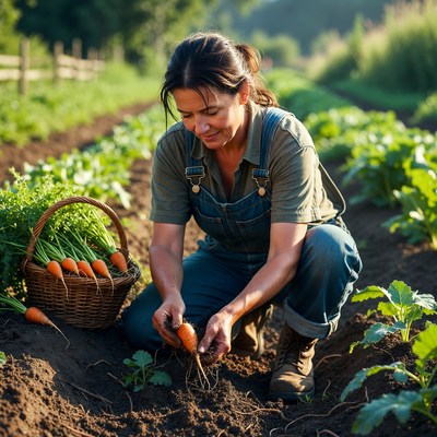 Woman harvesting carrots in garden