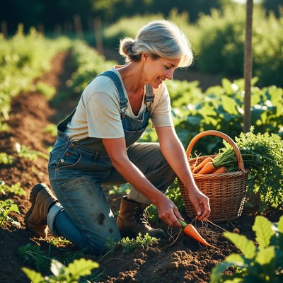 Woman harvesting carrots in garden
