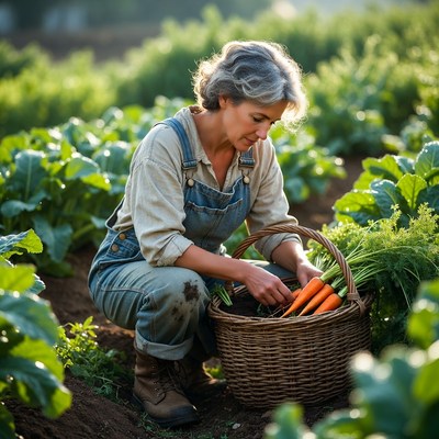 Woman harvests carrots in garden