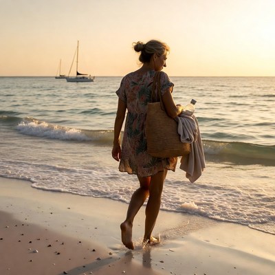 Woman walking by the ocean at sunset