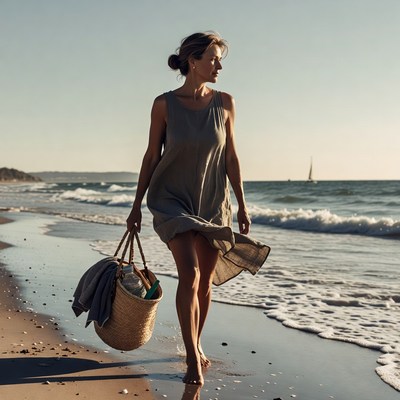 Woman walks along beach shore